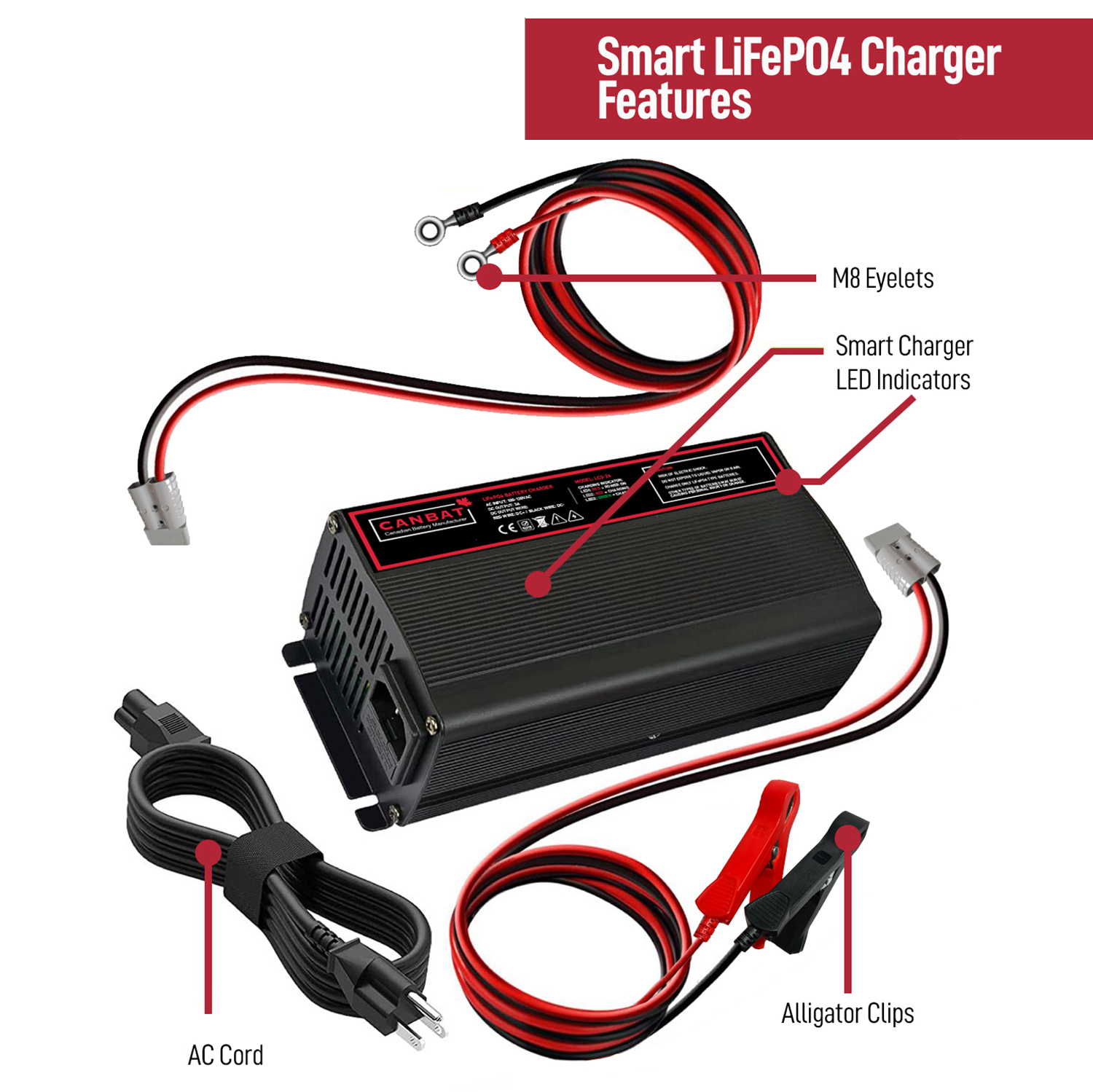 12V 15A Lithium Battery Charger (LiFePO₄) - Free Shipping Canada