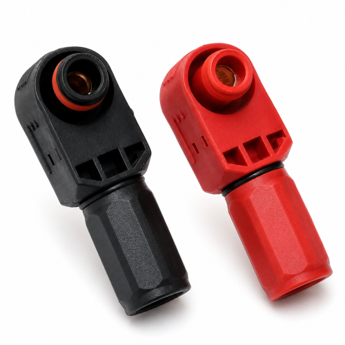 Red and black 120A crimp battery power connectors for lithium rack and ESS battery systems